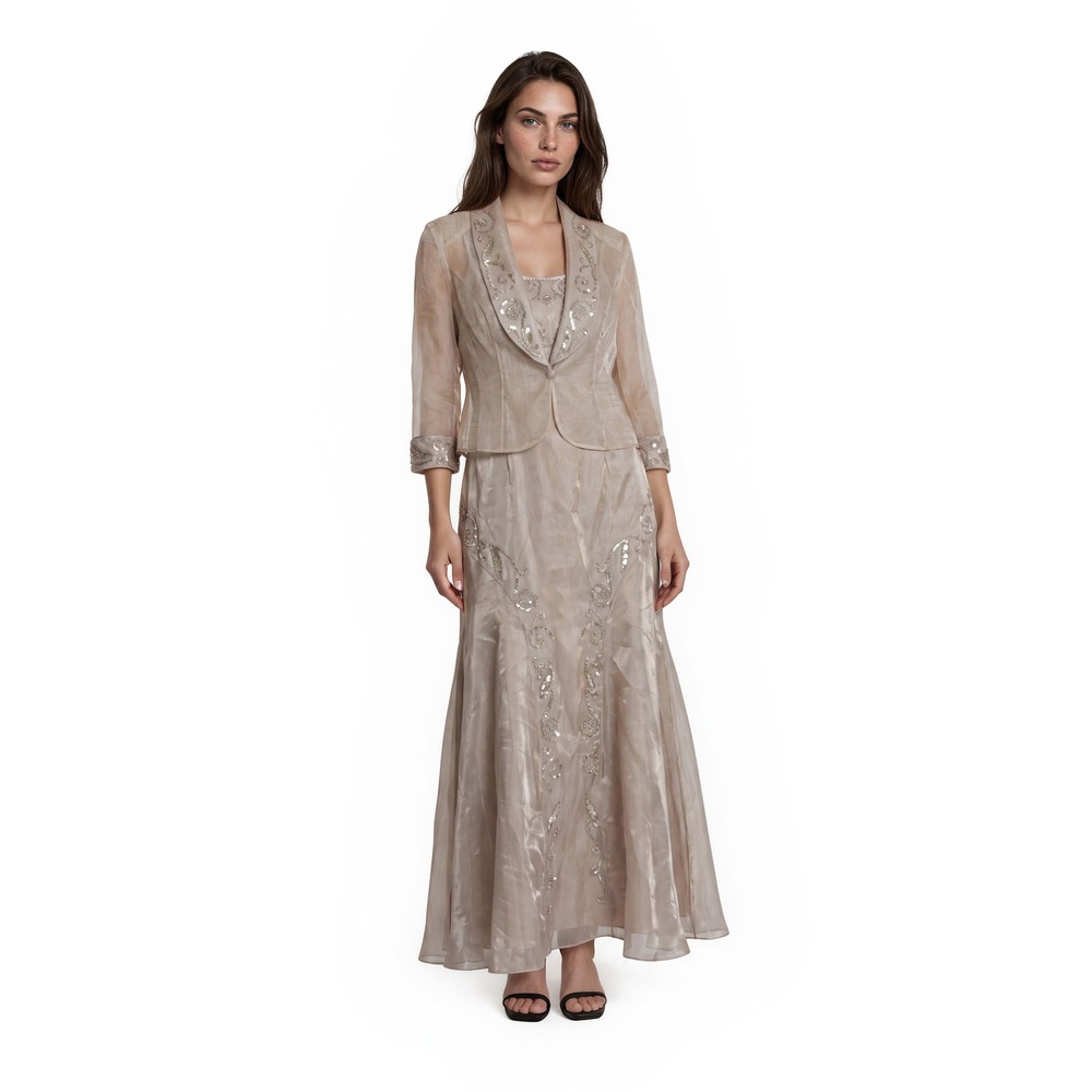 NEW Alex Evenings Maxi Evening Dress Set Women's Size 6 Champagne Sequin Formal